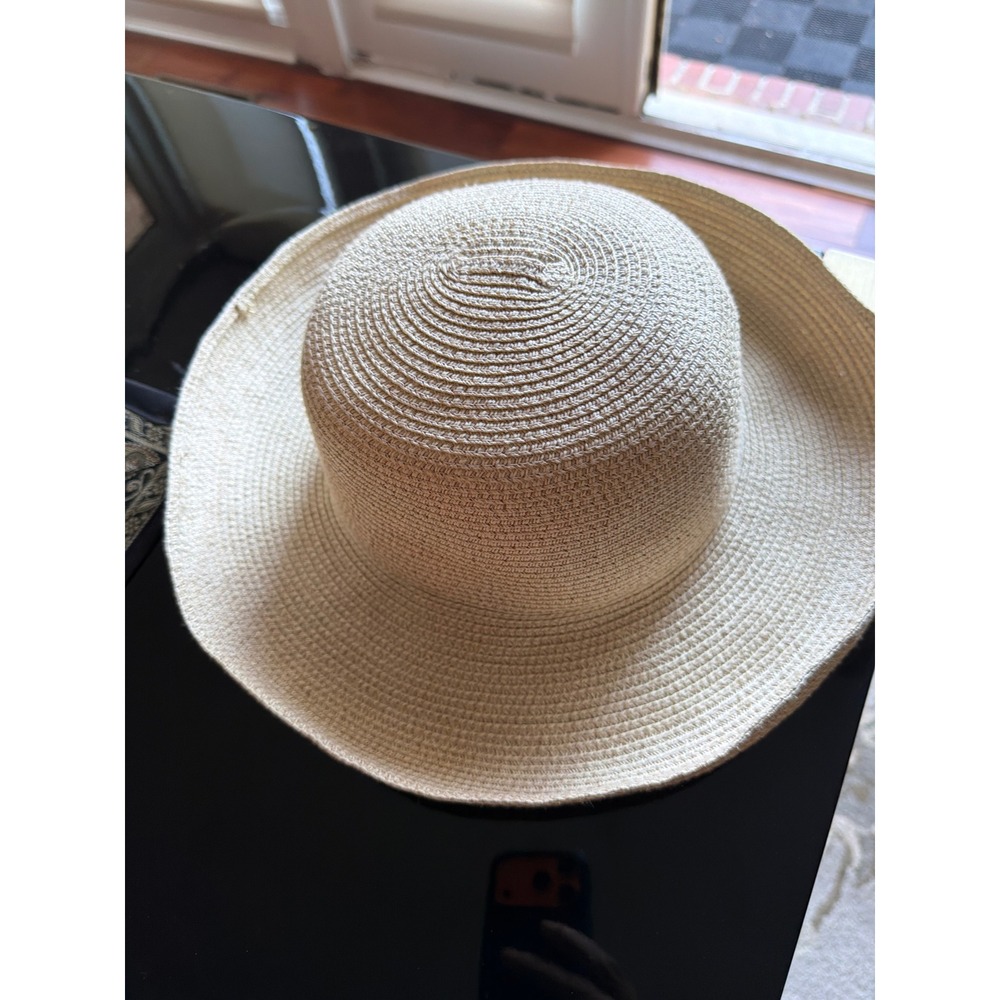 Talbots Womens Wide Brim Straw Sun Hat Beige Woven Summer Beach Floppy Hat